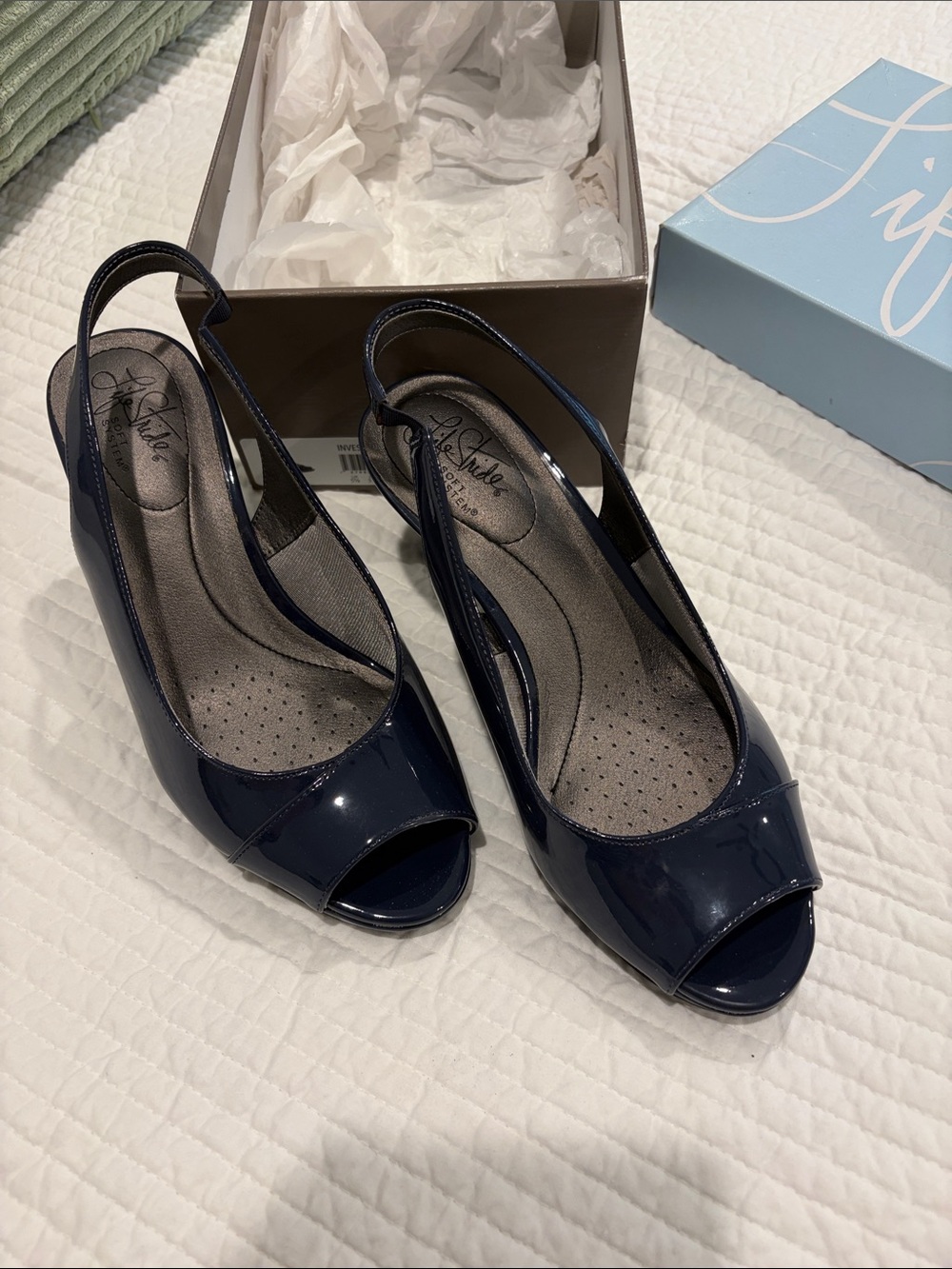 Life Stride Navy Patent Peep-Toe Slingback Wedges